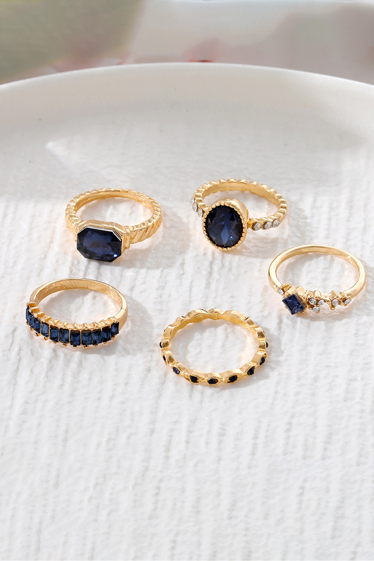 The Collection 5'li Kombin Kristal Mavi Taşlı Model Gold Yüzük Set görsel 4