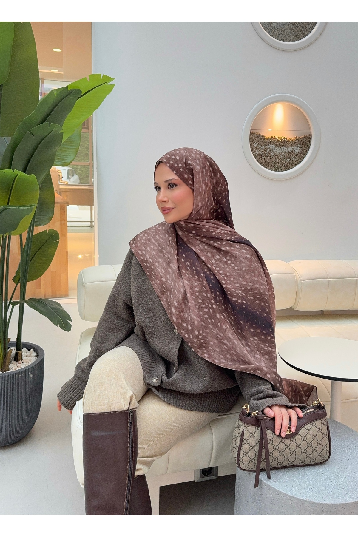 Mira İpek  Ceylan Bambi Desenli Pamuk Soft Şal Trend Kadın Şal ps221 - Görsel 7