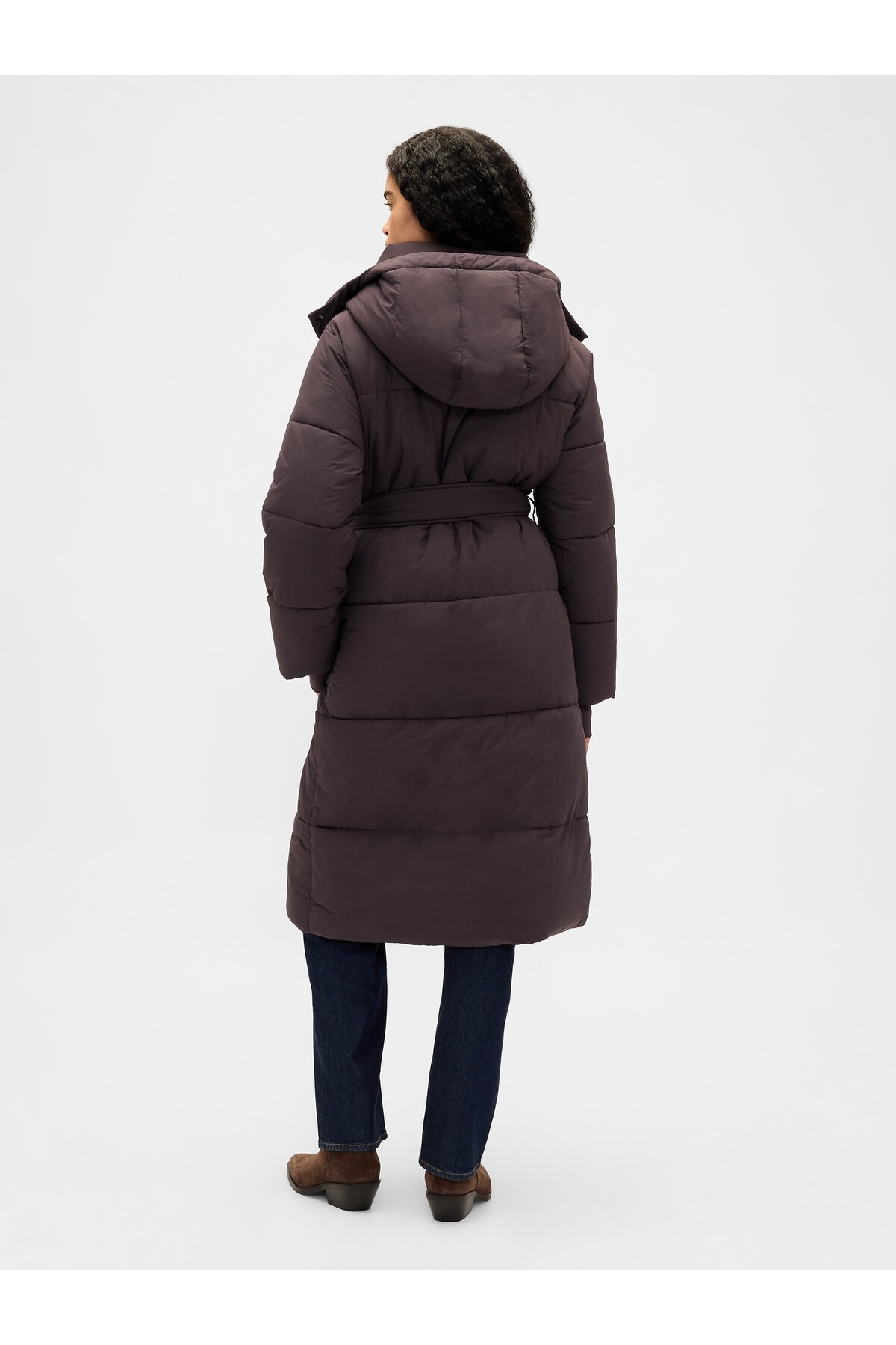 GAP  Kadın Koyu Kahverengi Belted Long Puffer Şişme Kaban - Görsel 4
