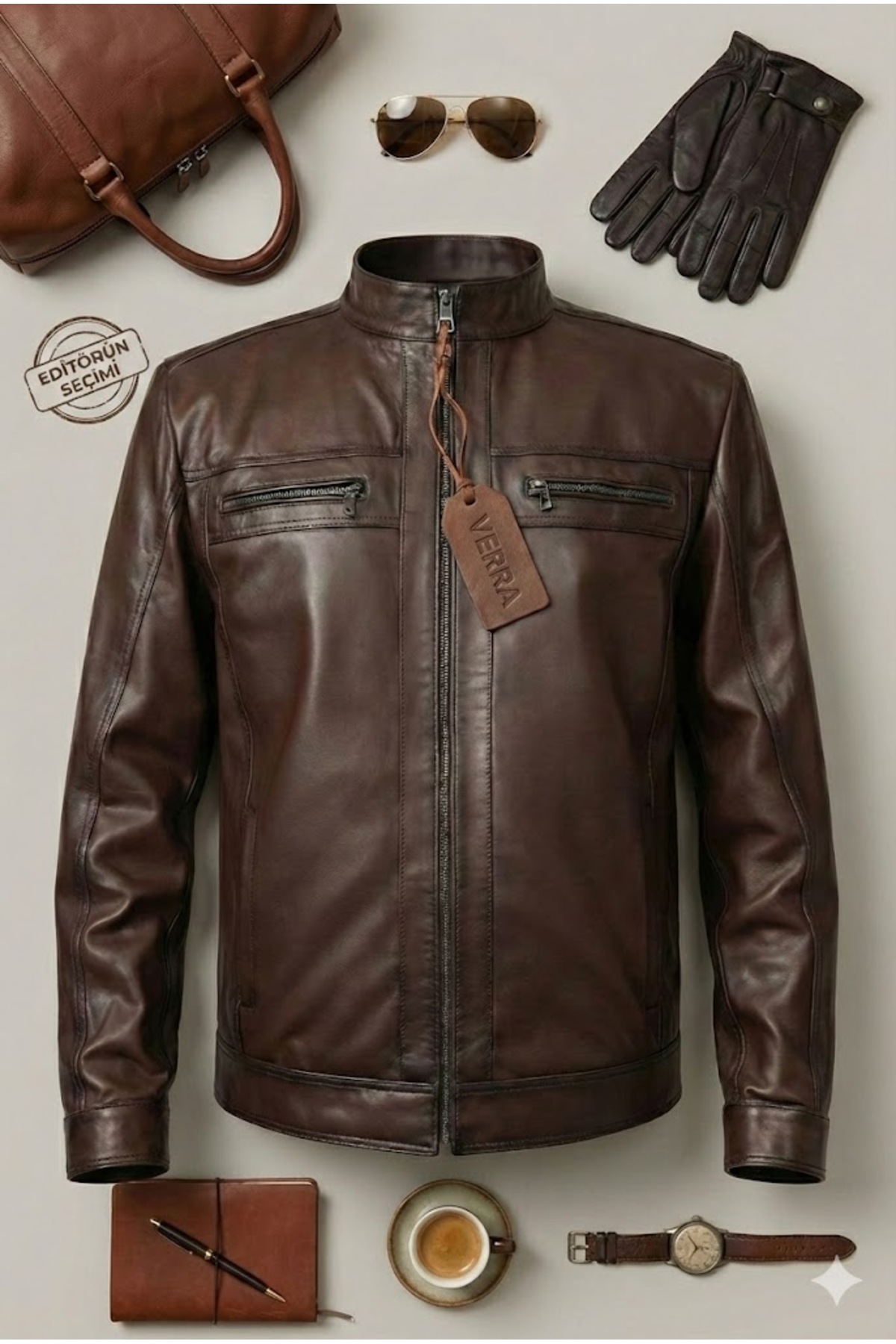 Verra  Hakiki Kuzu Derisi Kahverengi Hakim Yaka Erkek Deri Mont Ceket - Görsel 4
