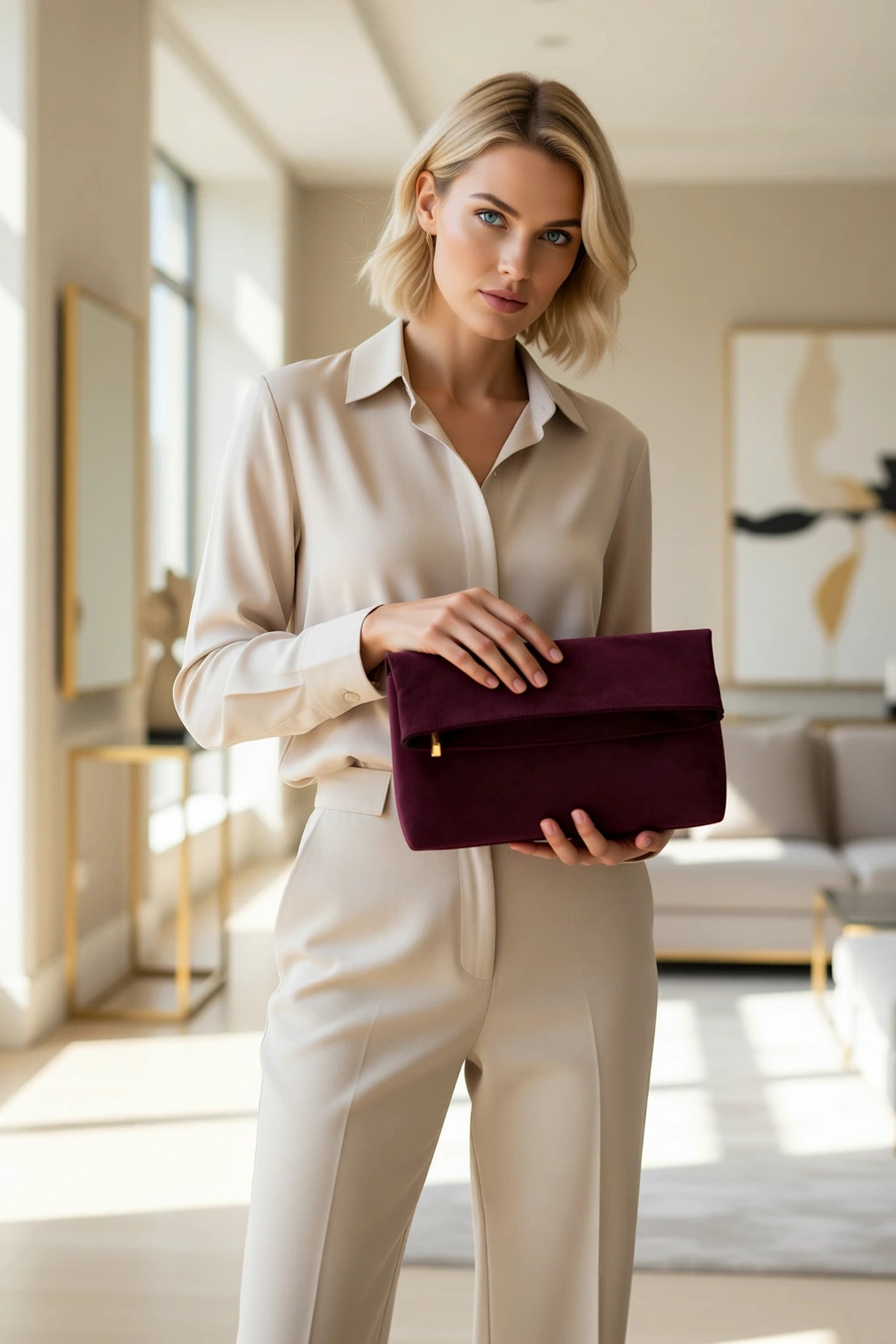 Kadın Katlanabilir Kapaklı Fermuarlı Düz Desenli Kompakt Yapılı El Çantası Clutch Modeli Aksesuar