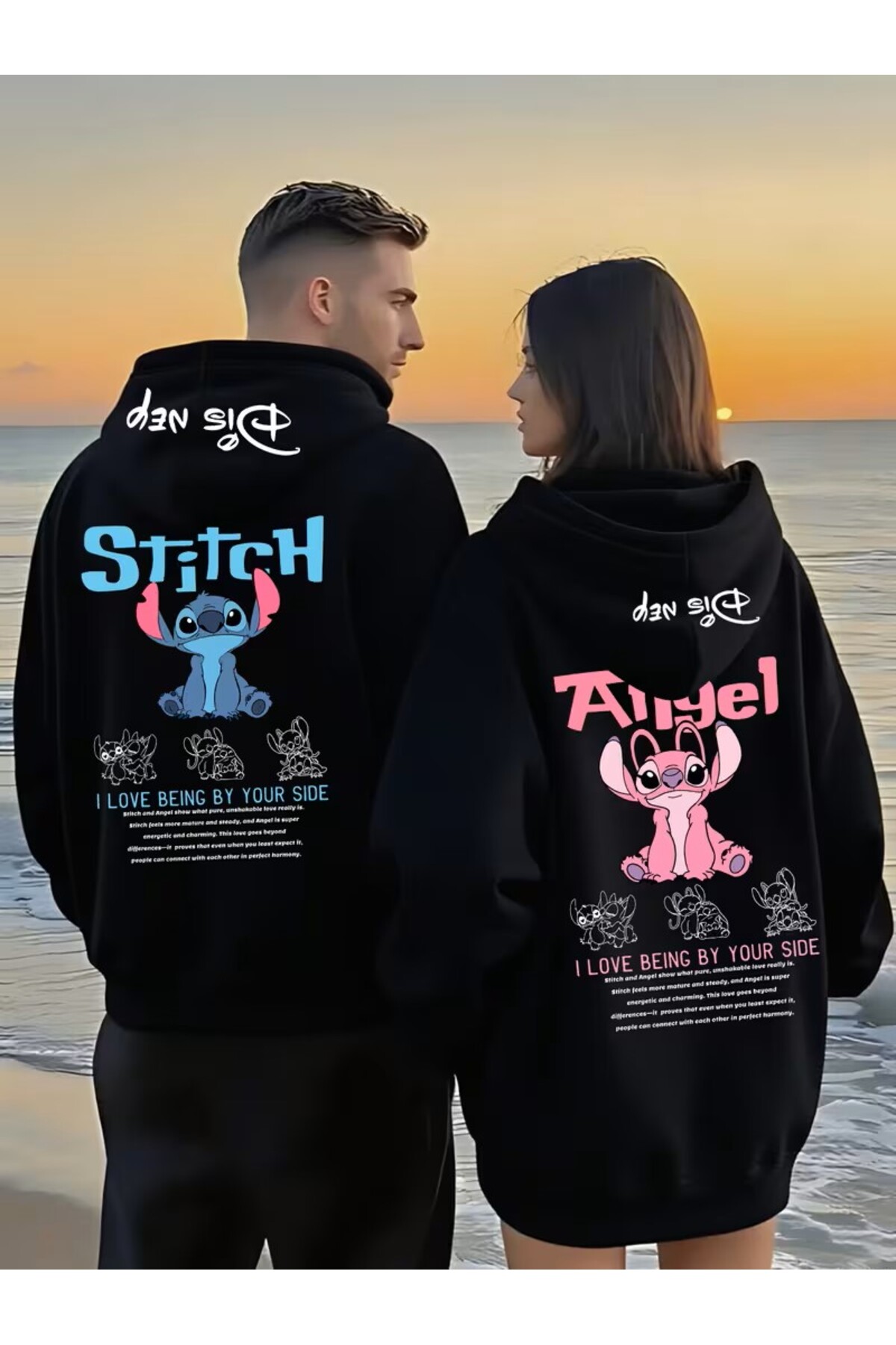Disney Stitch ve Angel Çift Kapüşonlu Üstler | — مشکی hygyugtyttyryry6tty6