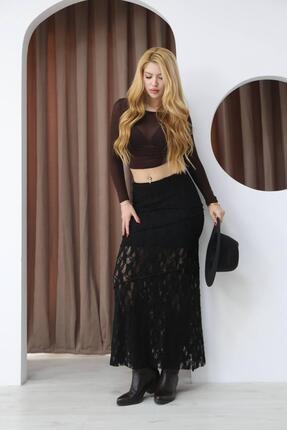 Moda Banuş Siyah Dantelli Astarlı Asimetrik Uzun Etek