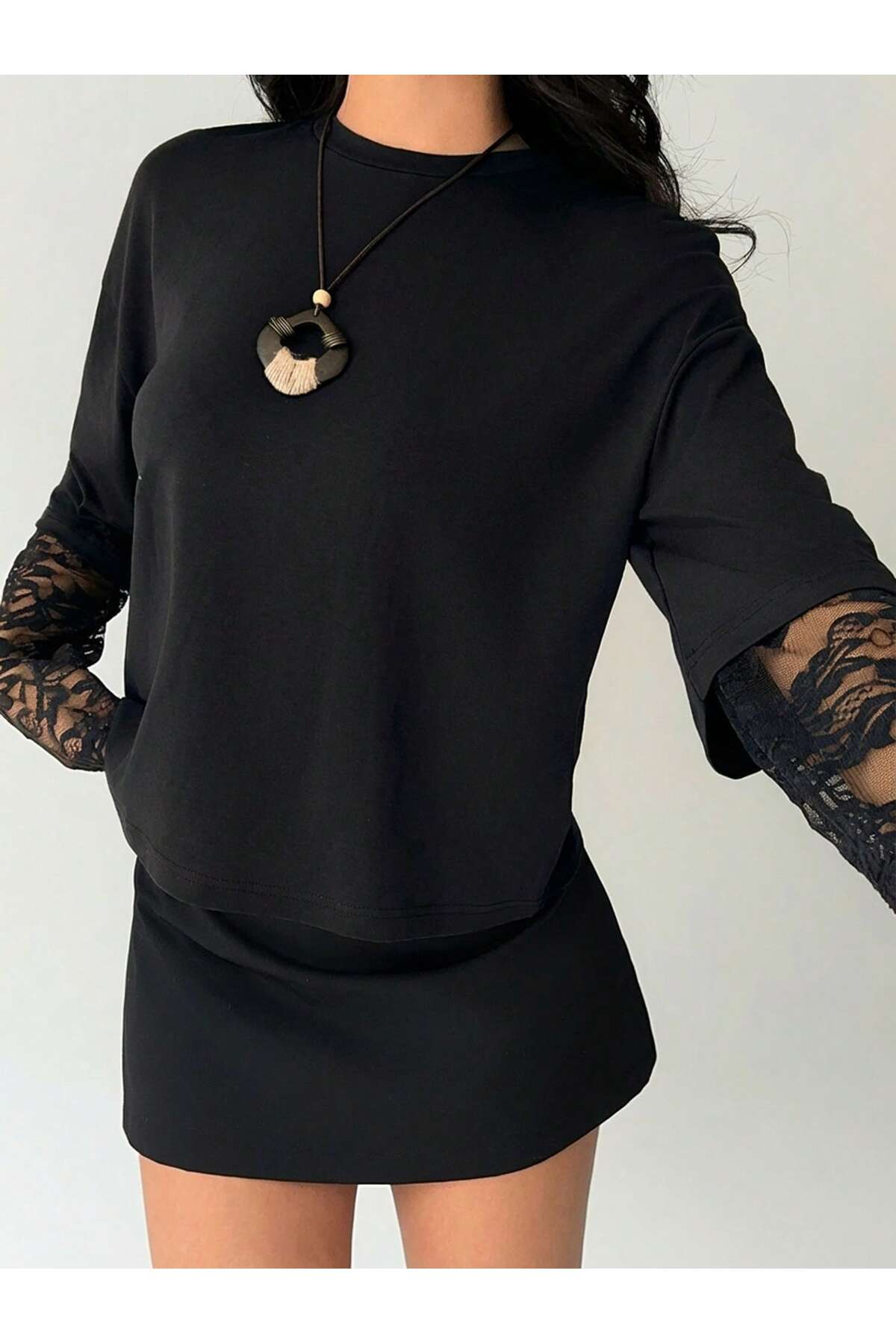 WEEST MODA  siyah oversize tişört dantel kollu yuvarlak yaka üst - Görsel 5