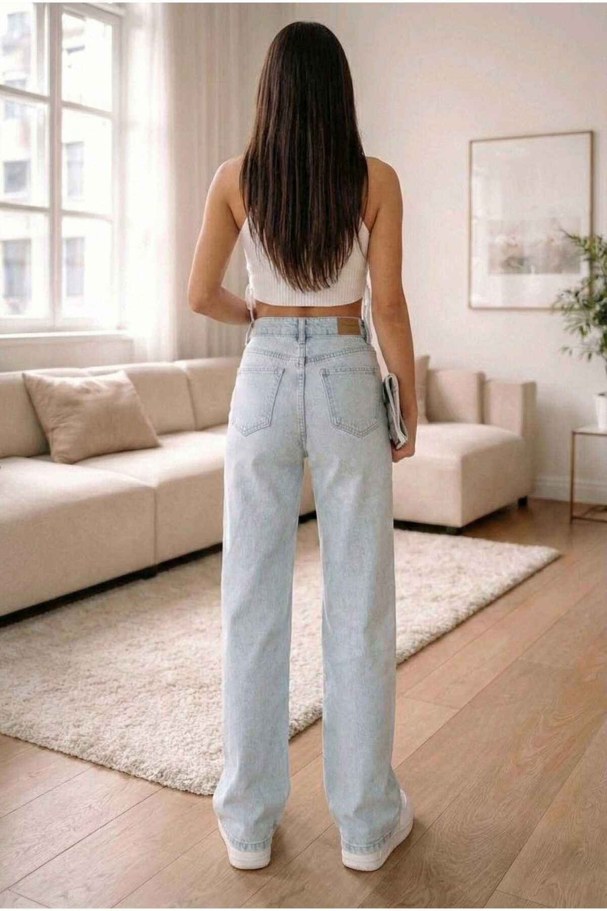 Ramrod  Sara Buz Kar Mavi Likralı Süper Yüksek Bel Salaş Paça Denim Palazzo Pantolon - Görsel 6