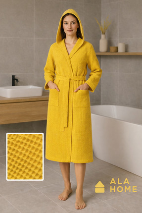 HOME ALA Waffle Desen Pike Unisex Bornoz | %100 Pamuklu Kapişonlu Bornoz