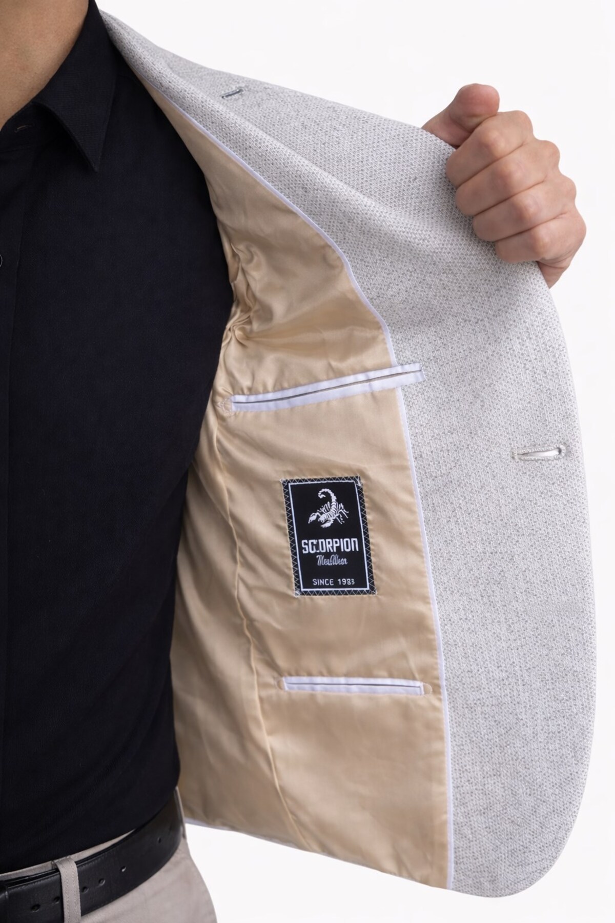 Plus Scorpion Erkek Karyağdı Desenli Slim Fit Blazer Ceket, Siyah & Bej, Şık Günlük ve Ofis Kombin görsel 8