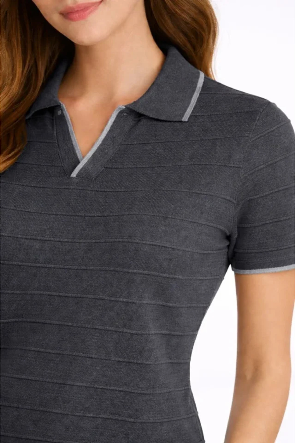 Triko Kumaş Yakalı Düğmesiz Açık Yaka Fitilli Kısa Kollu Regular Fit Tişört T-shirt - S