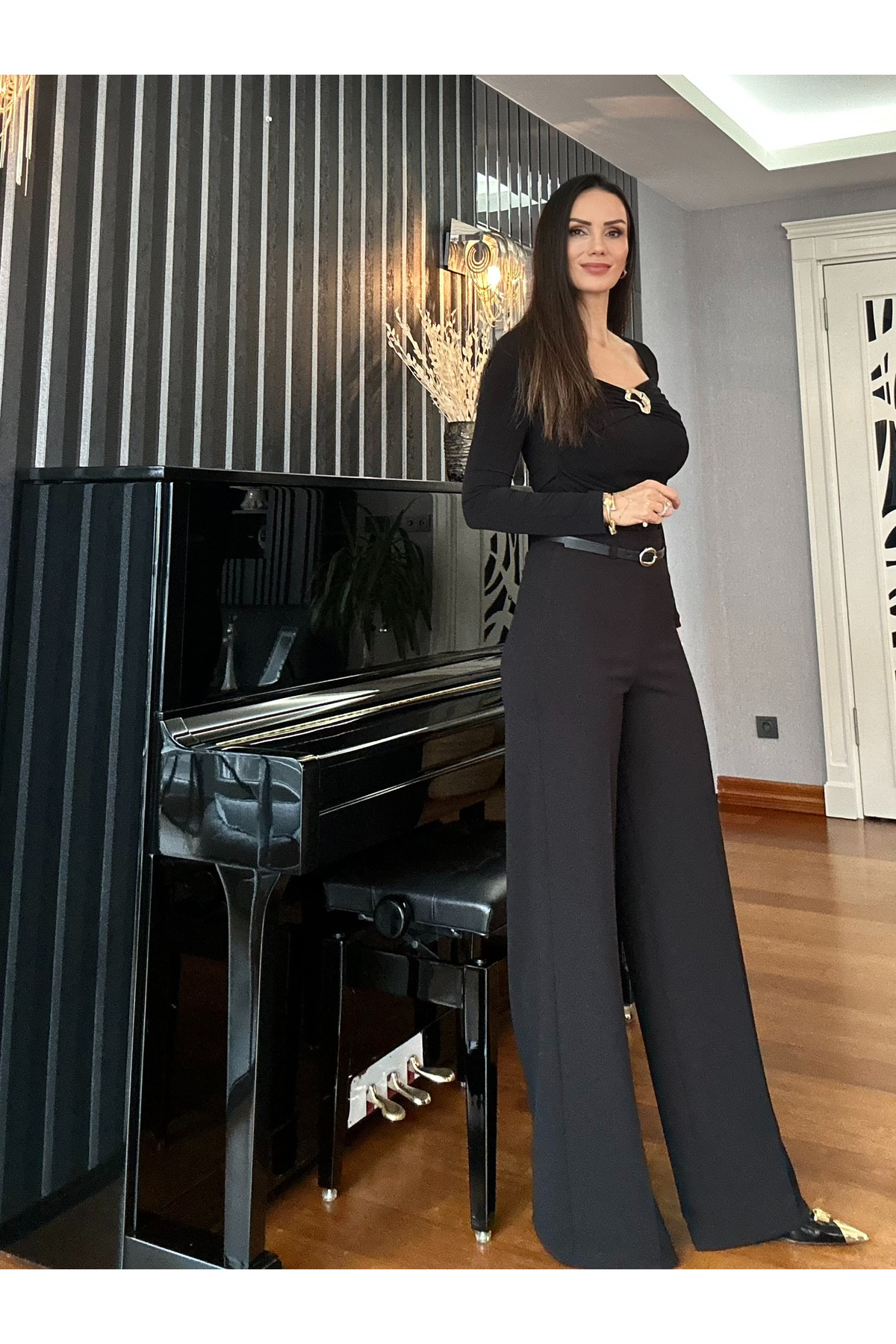 Atelier Derin  Siyah Kemerli Yüksek Bel Geniş Kesim Pantolon - Görsel 7
