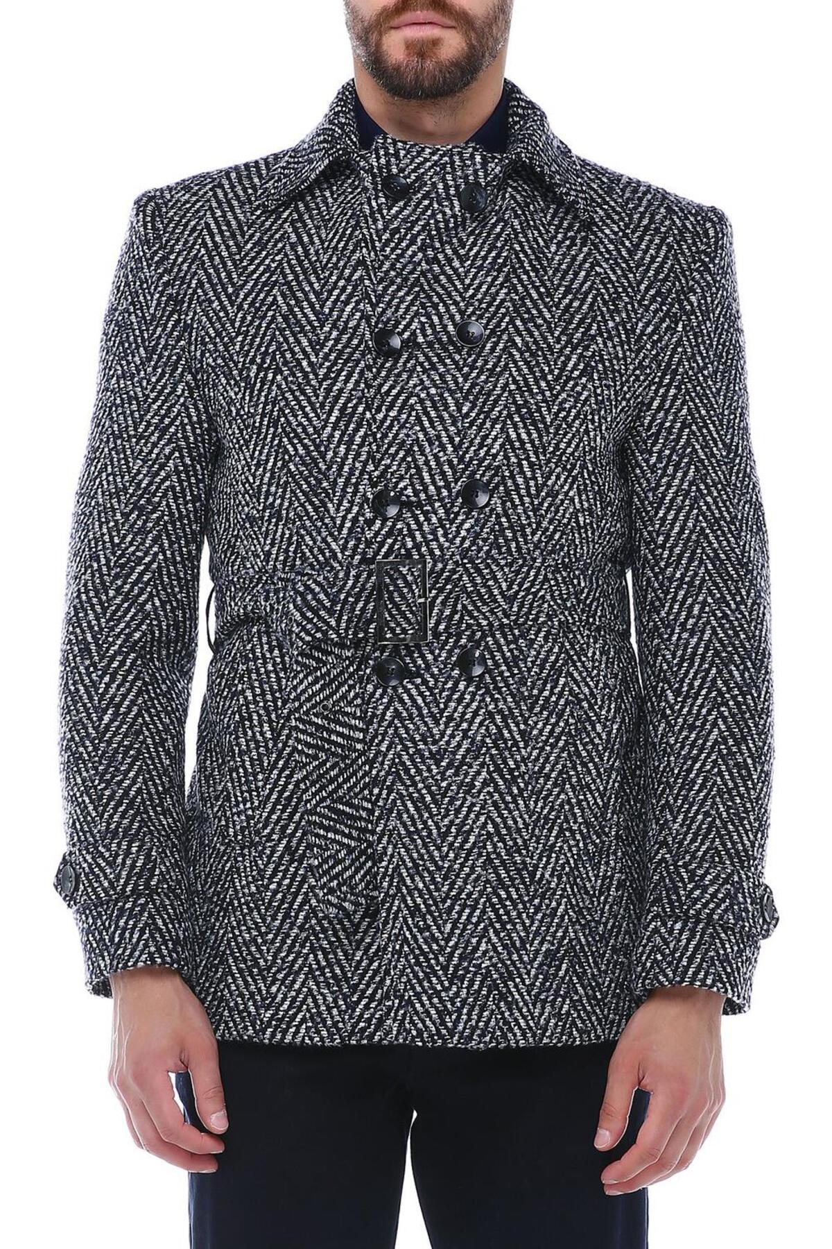 Erkek Desenli Slim Fit Yün Karışımlı Kaban Desenli Lacivert K7539 — سرمه‌ای K7539 DEWBERRY SLIM-FIT OVERCOAT — تصویر 4 از 4