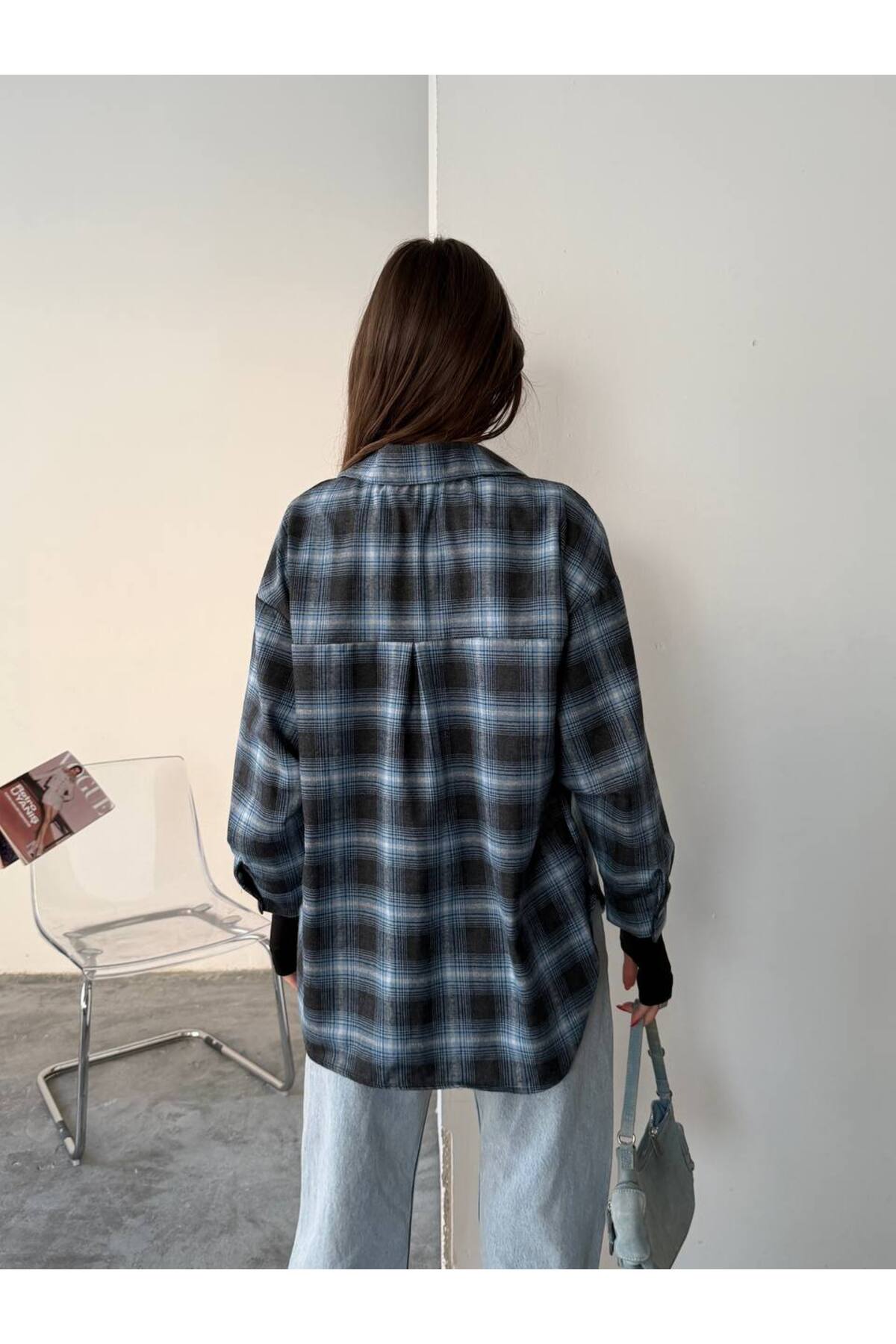 İLKCET MODA  Ekose Desenli Bol Kesim Kadın Gömlek - Görsel 5