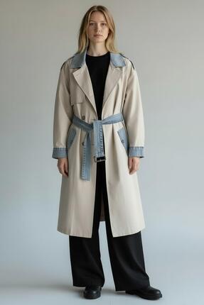 gzar Kadın Bej Denim Garnili Tasarım Trençkot - Sırtı Kot Detaylı Kuşaklı