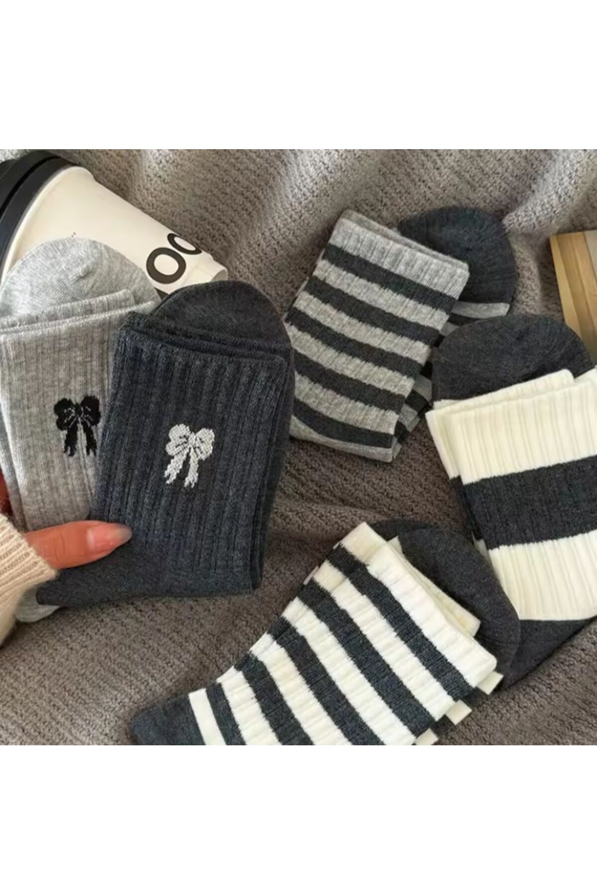 Çorap Kurdu 5'li Ekonomik Paket Fiyonk Detaylı Kadın Tenis Çorap Set görsel 3