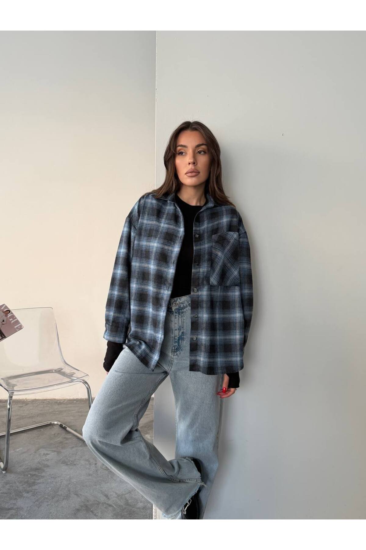 İLKCET MODA  Ekose Desenli Bol Kesim Kadın Gömlek - Görsel 4