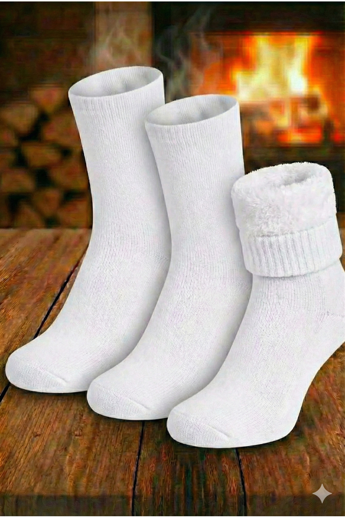 Üstünel çorap 3'lü Paket Termal Havlu Çorap - İçi Şardonlu Kışlık Kalın Çorap Beyaz