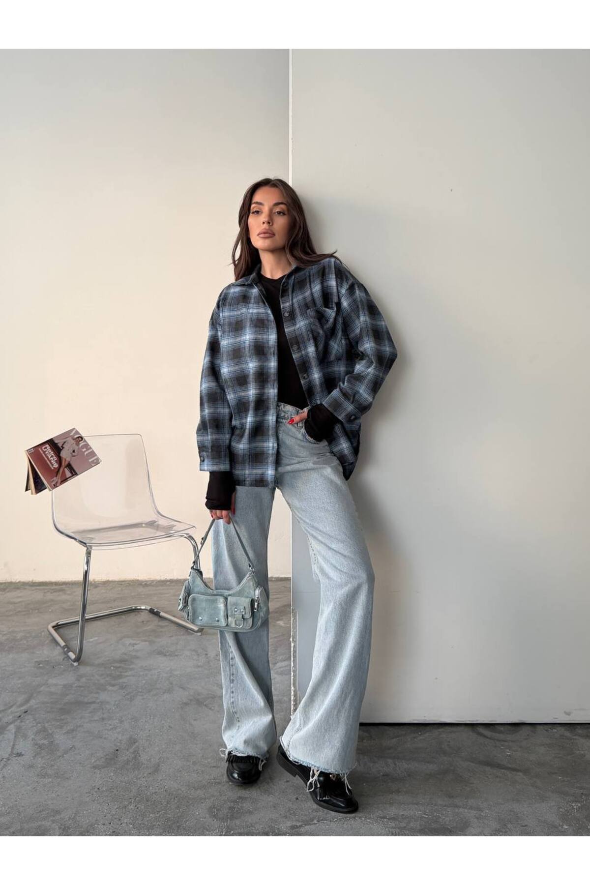 İLKCET MODA  Ekose Desenli Bol Kesim Kadın Gömlek - Görsel 6