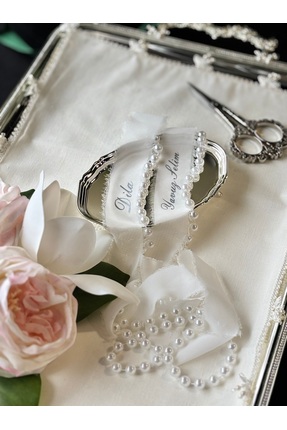 ABROZ HOME DESIGN Gümüş İsimli İncili Yüzük Kurdelesi / Söz Nişan Kurdelesi