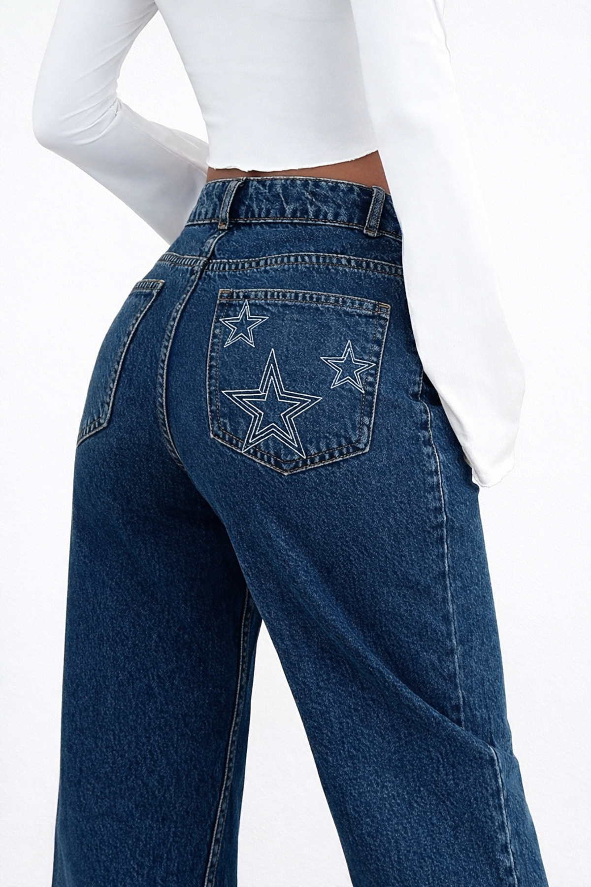 Polo State  Kadın Normal Bel Geniş Paça Yıldız Nakışlı Lacivert Jean Pantolon - Görsel 6