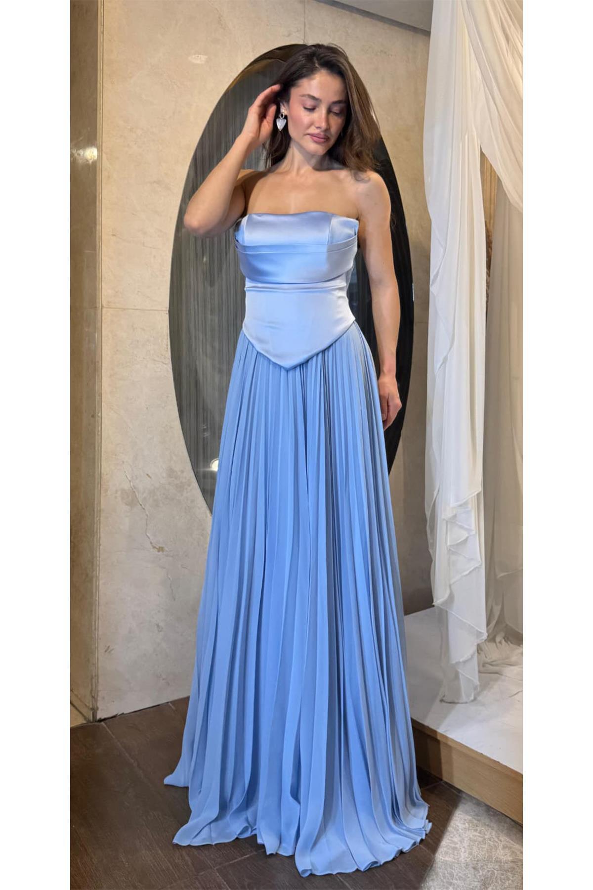 Blue Satin Bottom Pleated Evening Dress