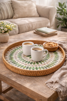 Kuru Yeşil Rattan Tepsi – 35 Cm – Hasır – İşlemeli – El Yapımı – Jumbo