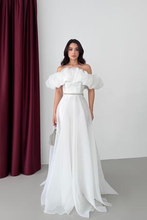 Serica Moda Beyaz Madonna Yaka Beli Taş İşlemeli Abiye Elbise