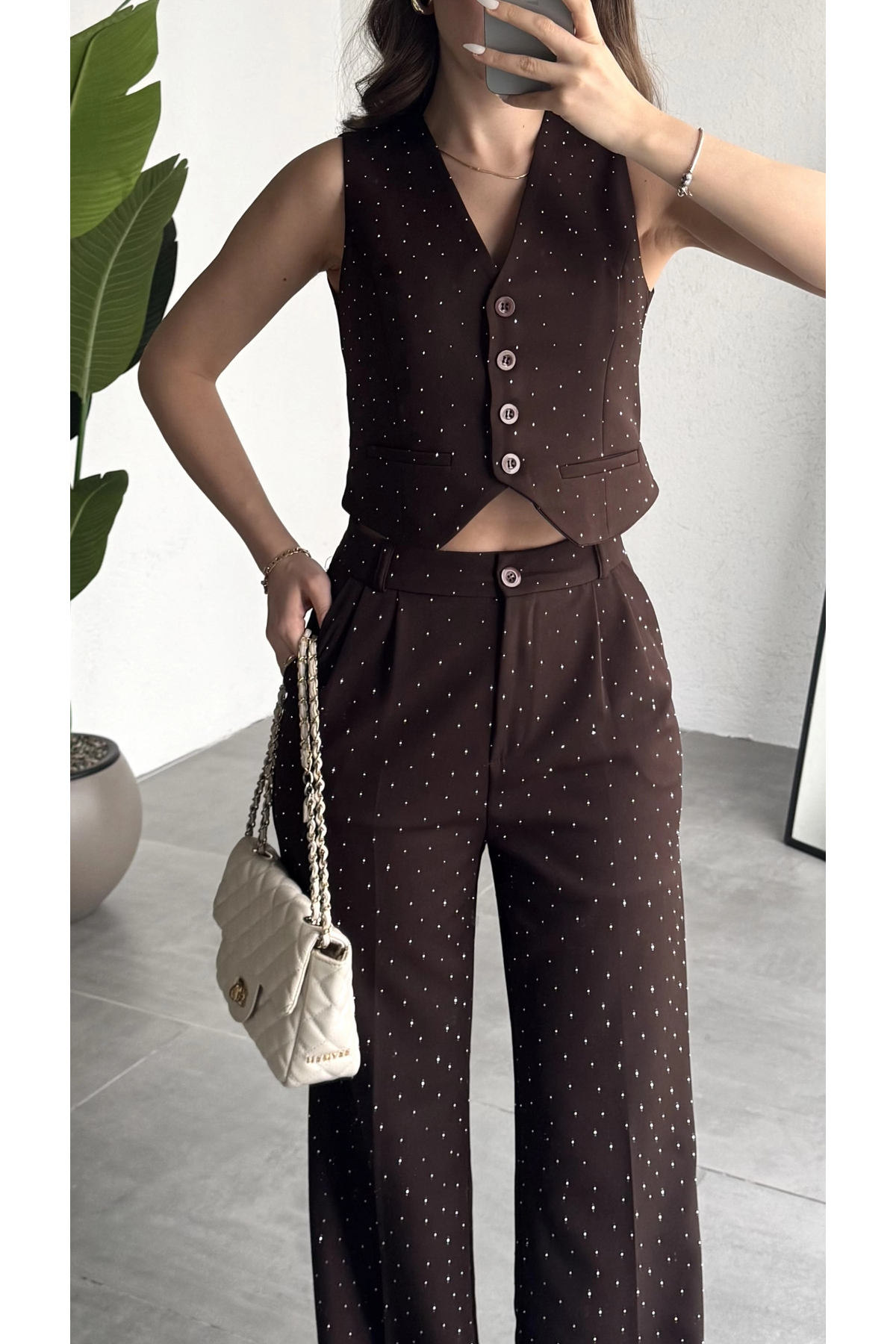 asfamoda  Kadın Kahverengi Taşlı Pırıltılı Yüksek Bel Bol Paça Pileli Palazzo Pantolon - Görsel 2