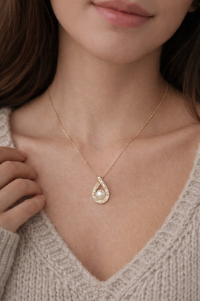 EG JEWELRY Damla İnci Detaylı Zirkon Taşlı Altın Renk Kadın Kolye