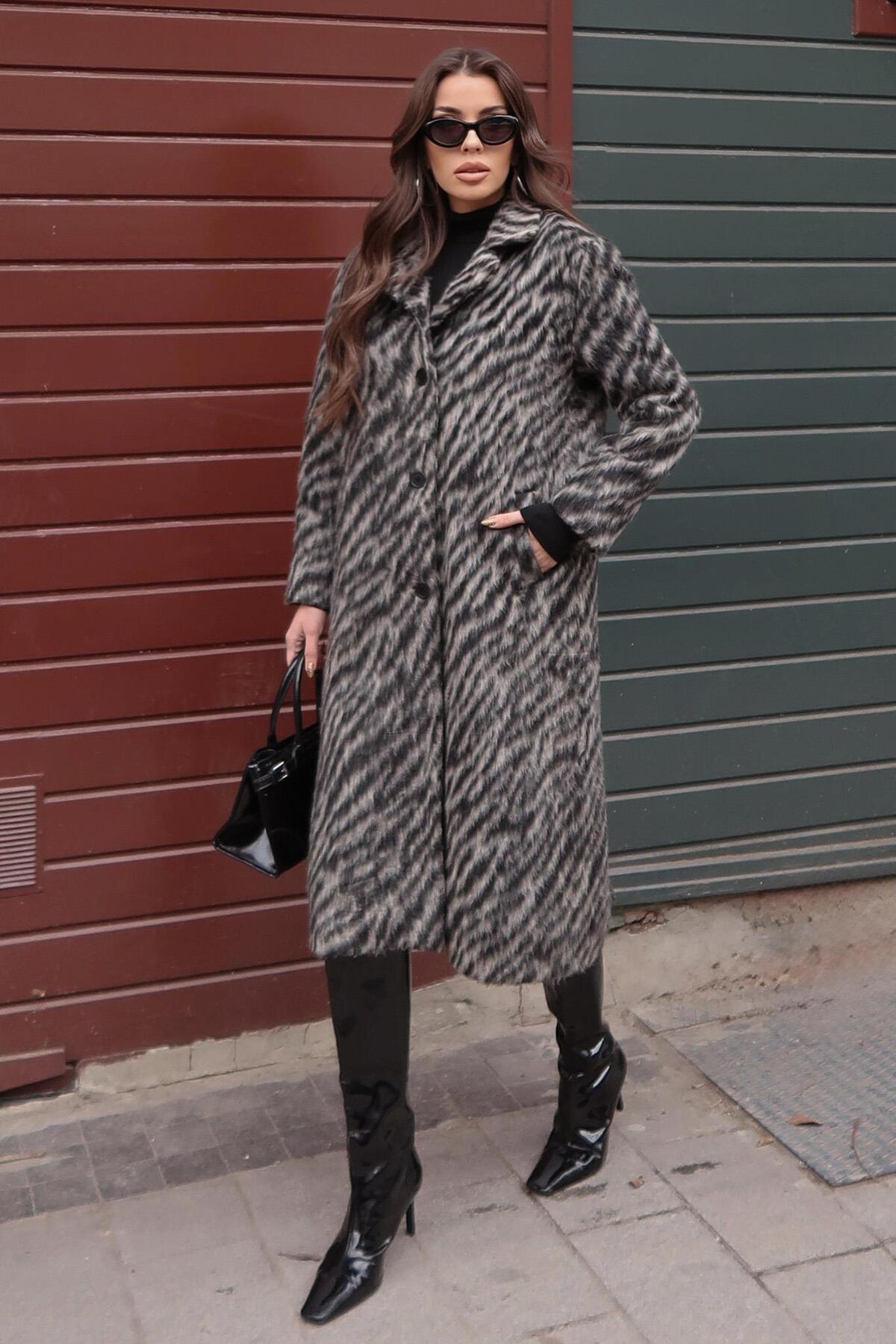 Lijuri  Zebra Desenli Kaşe Kaban 7124 - Görsel 4