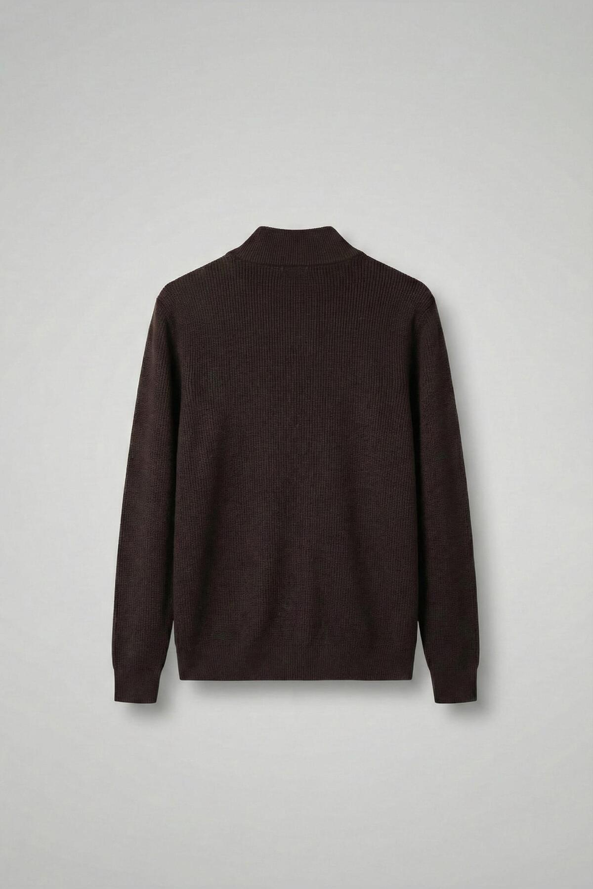 Erkek Slim Fit Fermuarlı Dik Yaka Fitilli Triko Hırka Kahverengi — قهوه‌ای HRK.0010 — تصویر 2 از 2