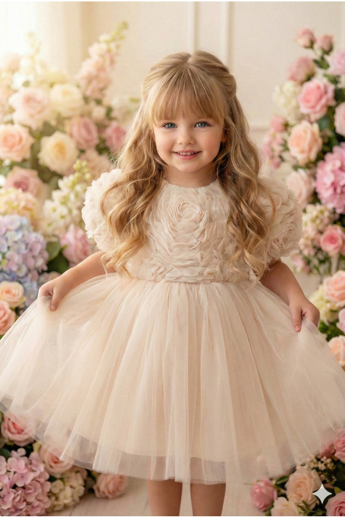 ALYRA Kız Bebek Elbise Kısa Kollu 3D Güllü Tüllü Tütü Fiyonklu Doğum Günü Parti Özel Gün Kız Çocuk Elbise fotoğrafı 2 (önizleme)