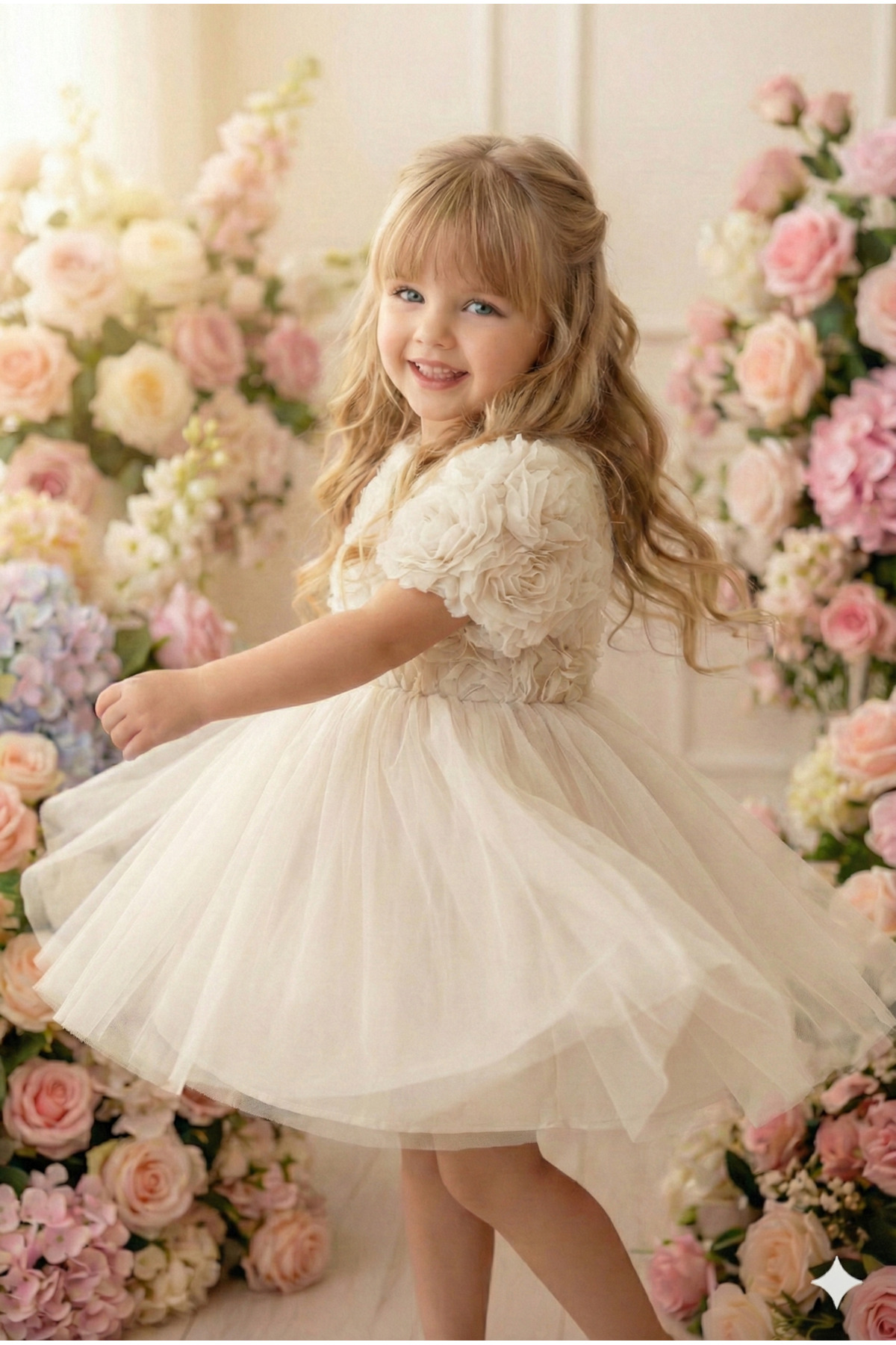 ALYRA Kız Bebek Elbise Kısa Kollu 3D Güllü Tüllü Tütü Fiyonklu Doğum Günü Parti Özel Gün Kız Çocuk Elbise fotoğrafı 4 (önizleme)
