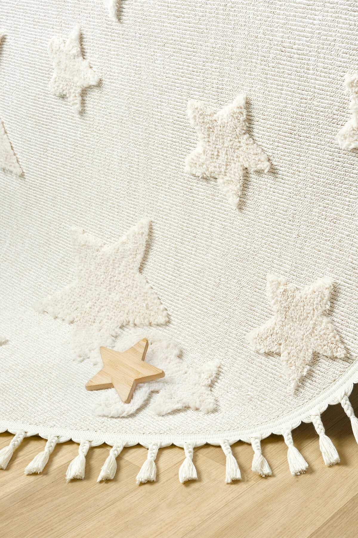 Eliz Home Daire Yuvarlak Krem Renk Yıldız Yumuşak Bukleli Dokuma Halı Bebek Odası Çocuk Odası Halısı 12 DAİRE fotoğrafı 2 (önizleme)