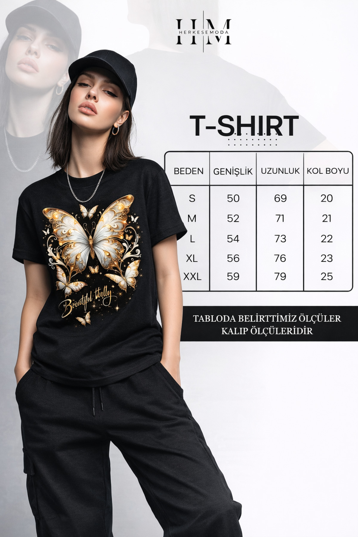 herkesemoda  Kalp Kelebek Baskı Detaylı Basic T-Shirt - Görsel 5