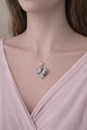 EG JEWELRY Kalp Figürlü Pembe Zirkon Taşlı Gümüş Renk Kadın Kolye