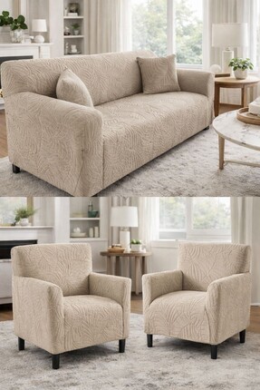 beyvetçe Jakarlı YAPRAK 3 3 1 1 vizon Lastikli Kanepe Örtüsü | Lastikli Koltu...