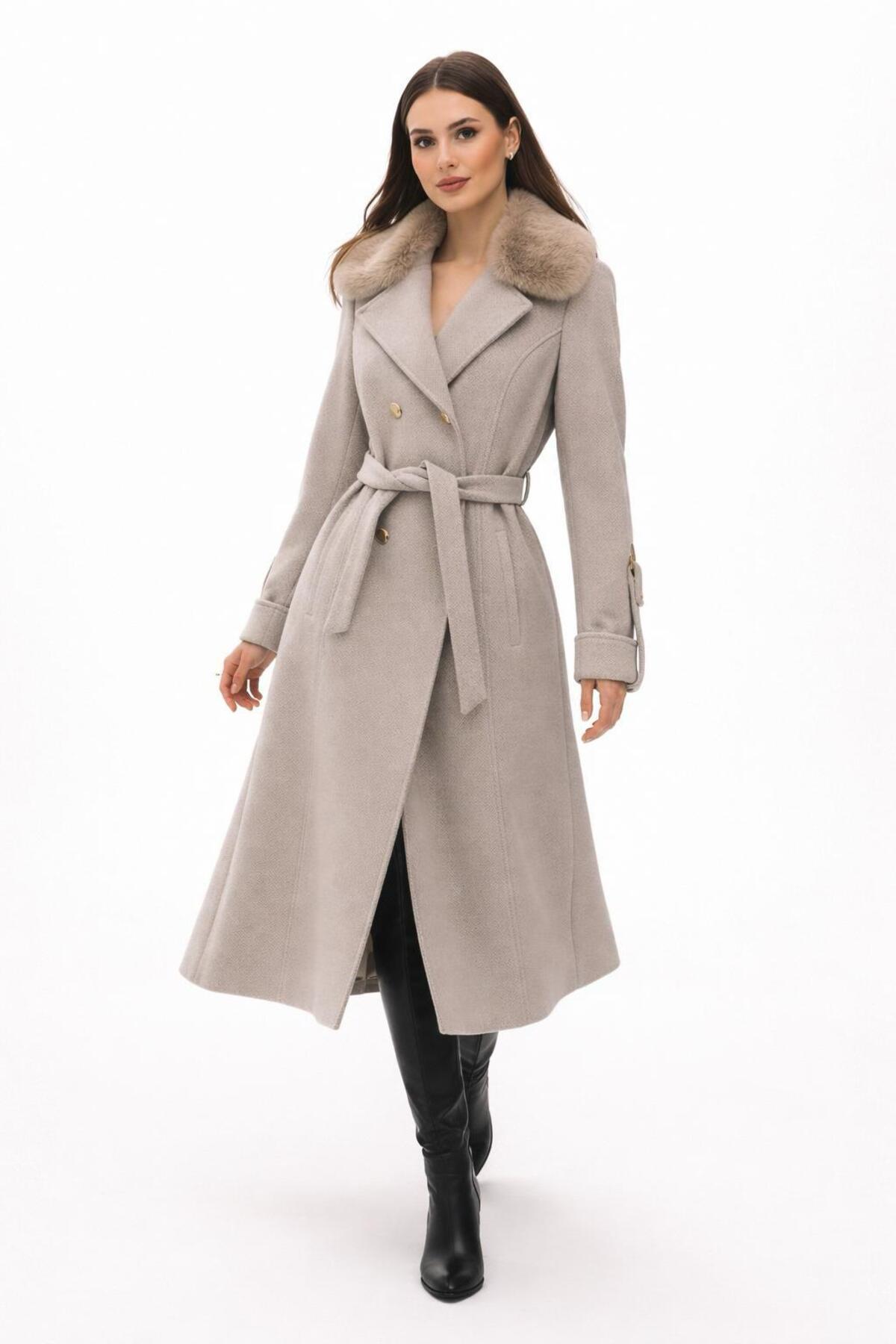 ESİN GİYİM  Asalet Serisi Çıkartılabilir Kürklü Kruvaze Kışlık Kaban - Görsel 4