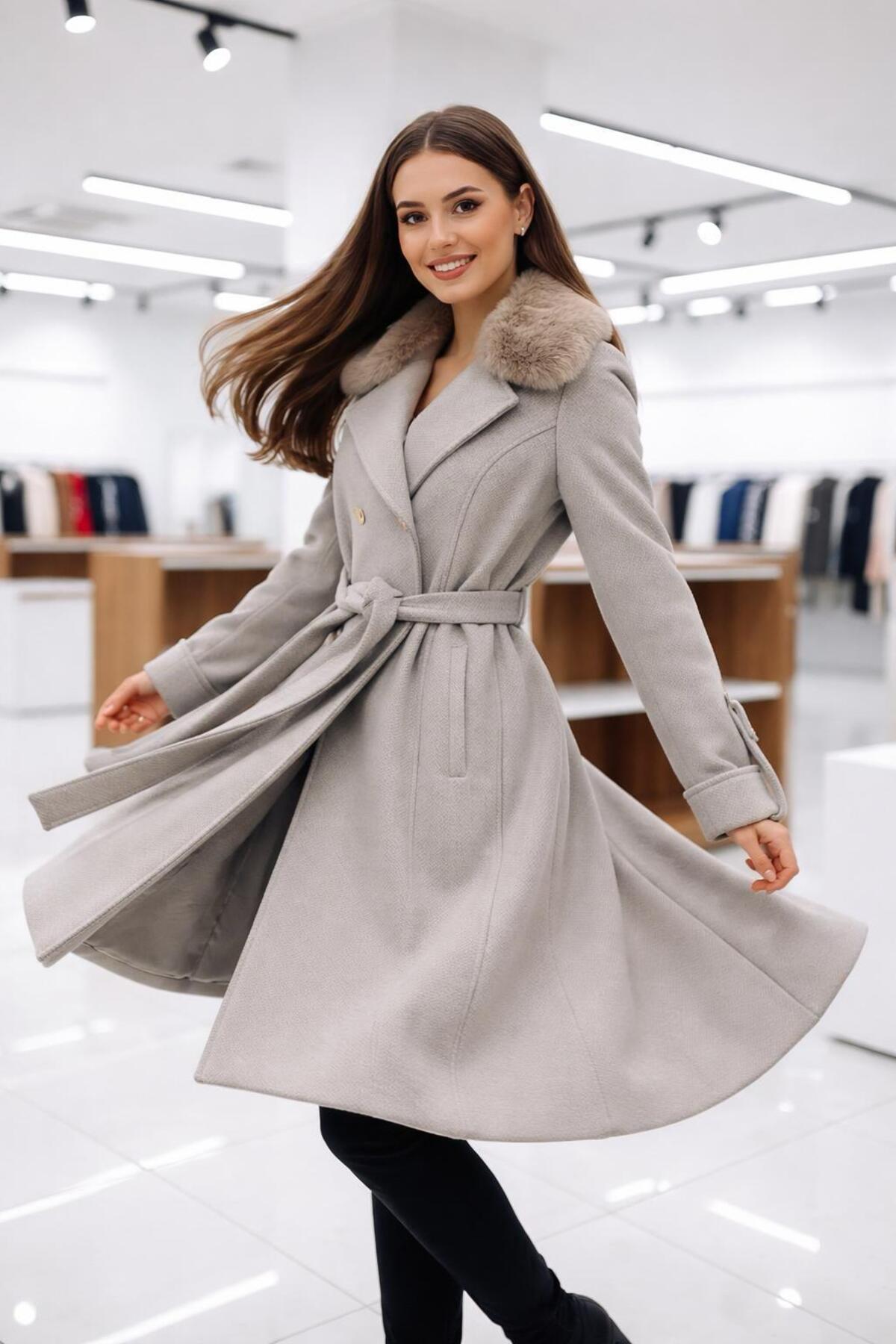 ESİN GİYİM  Asalet Serisi Çıkartılabilir Kürklü Kruvaze Kışlık Kaban - Görsel 5