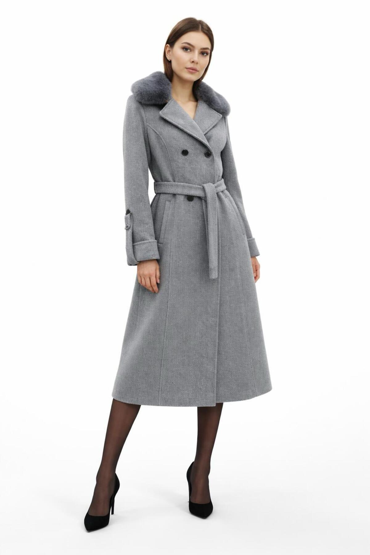 ESİN GİYİM  Asalet Serisi Çıkartılabilir Kürklü Kruvaze Kışlık Kaban - Görsel 5