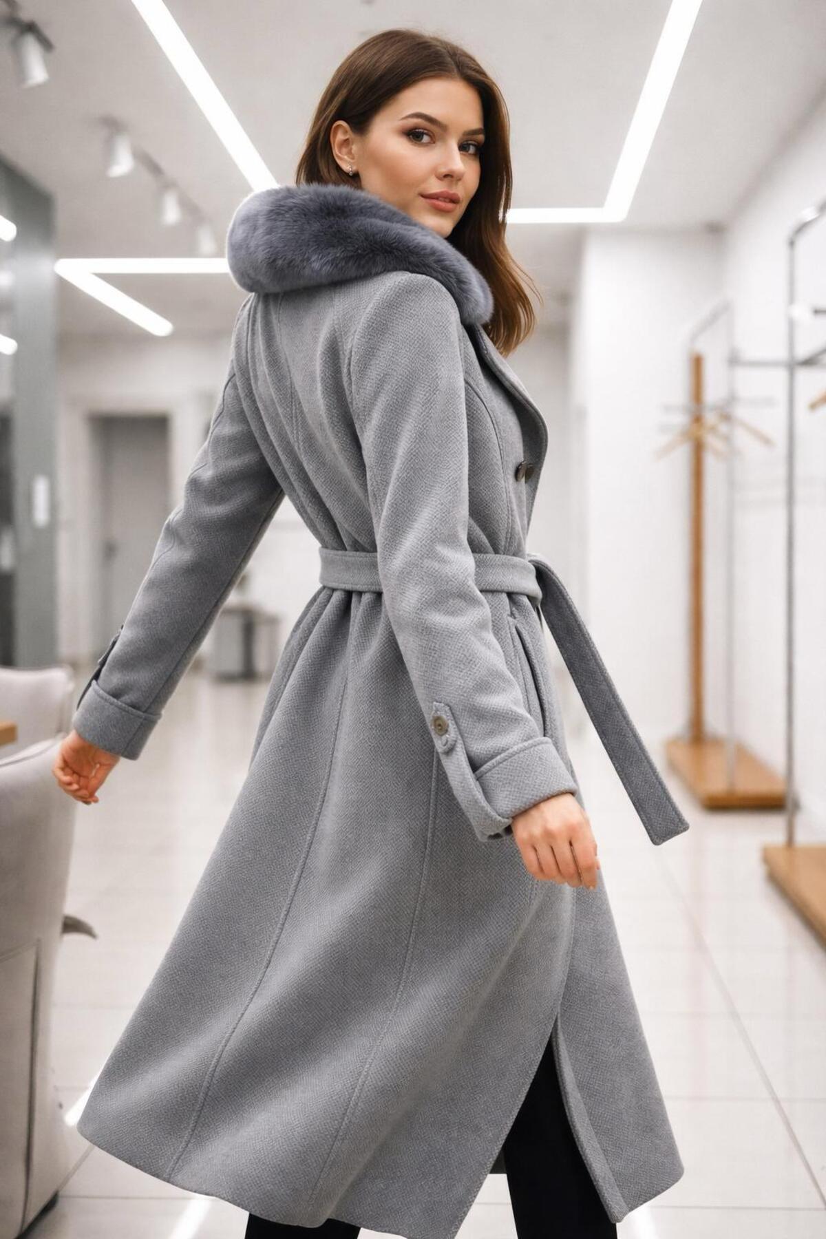 ESİN GİYİM  Asalet Serisi Çıkartılabilir Kürklü Kruvaze Kışlık Kaban - Görsel 4