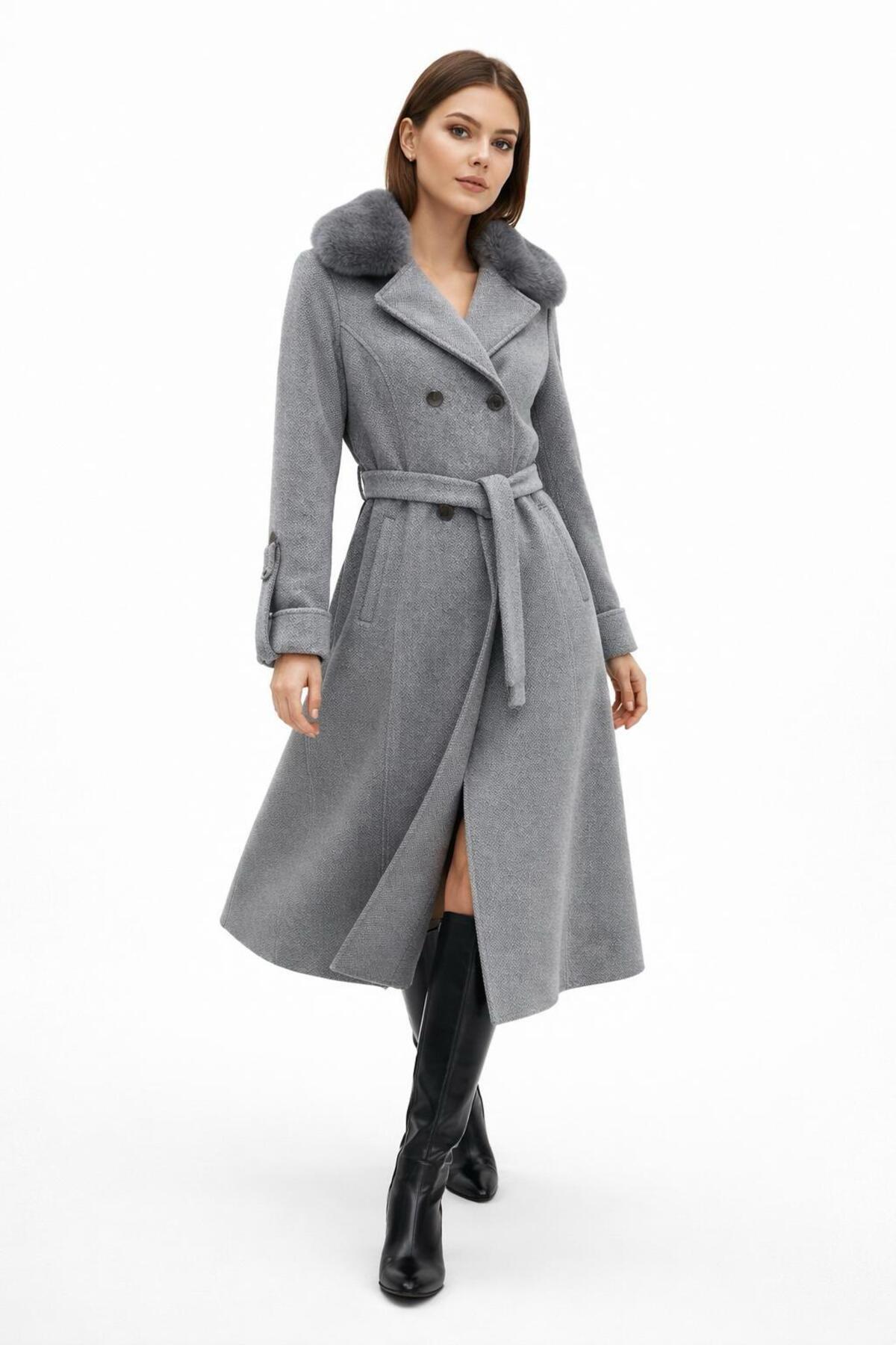 ESİN GİYİM  Asalet Serisi Çıkartılabilir Kürklü Kruvaze Kışlık Kaban - Görsel 3