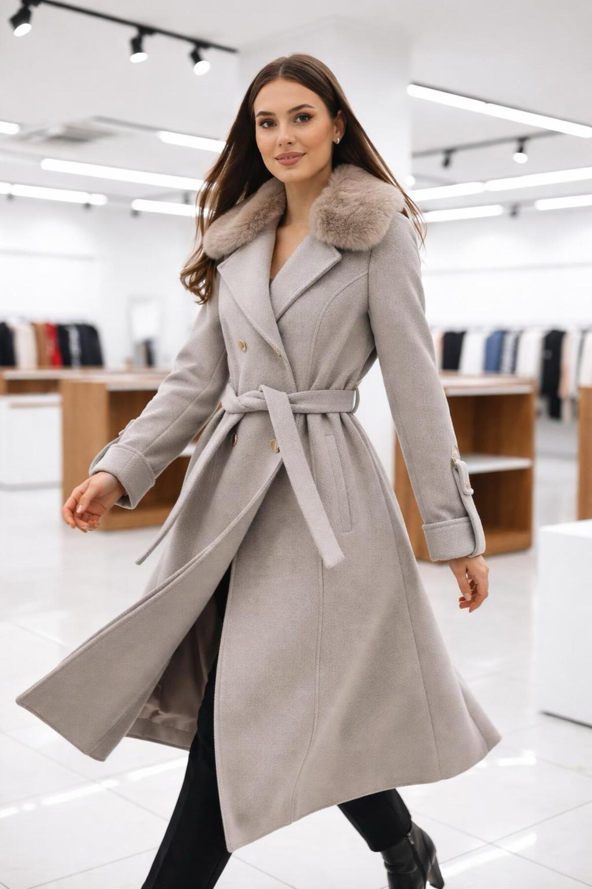 ESİN GİYİM  Asalet Serisi Çıkartılabilir Kürklü Kruvaze Kışlık Kaban - Görsel 2