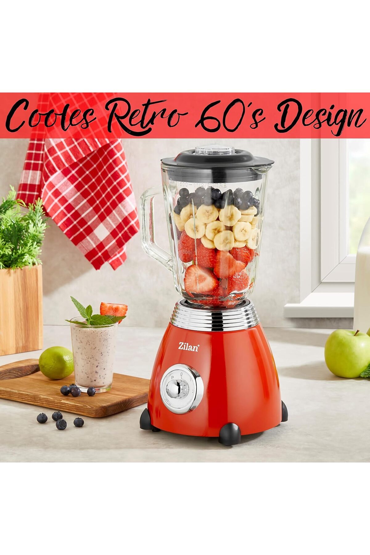 Hype Store ZLN7057 60'lı yıllar retro blender, 6 bölmeli metal bıçak, 1,5 litre ml, 500 Watt, cam, paslanmaz çe fotoğrafı 2 (önizleme)