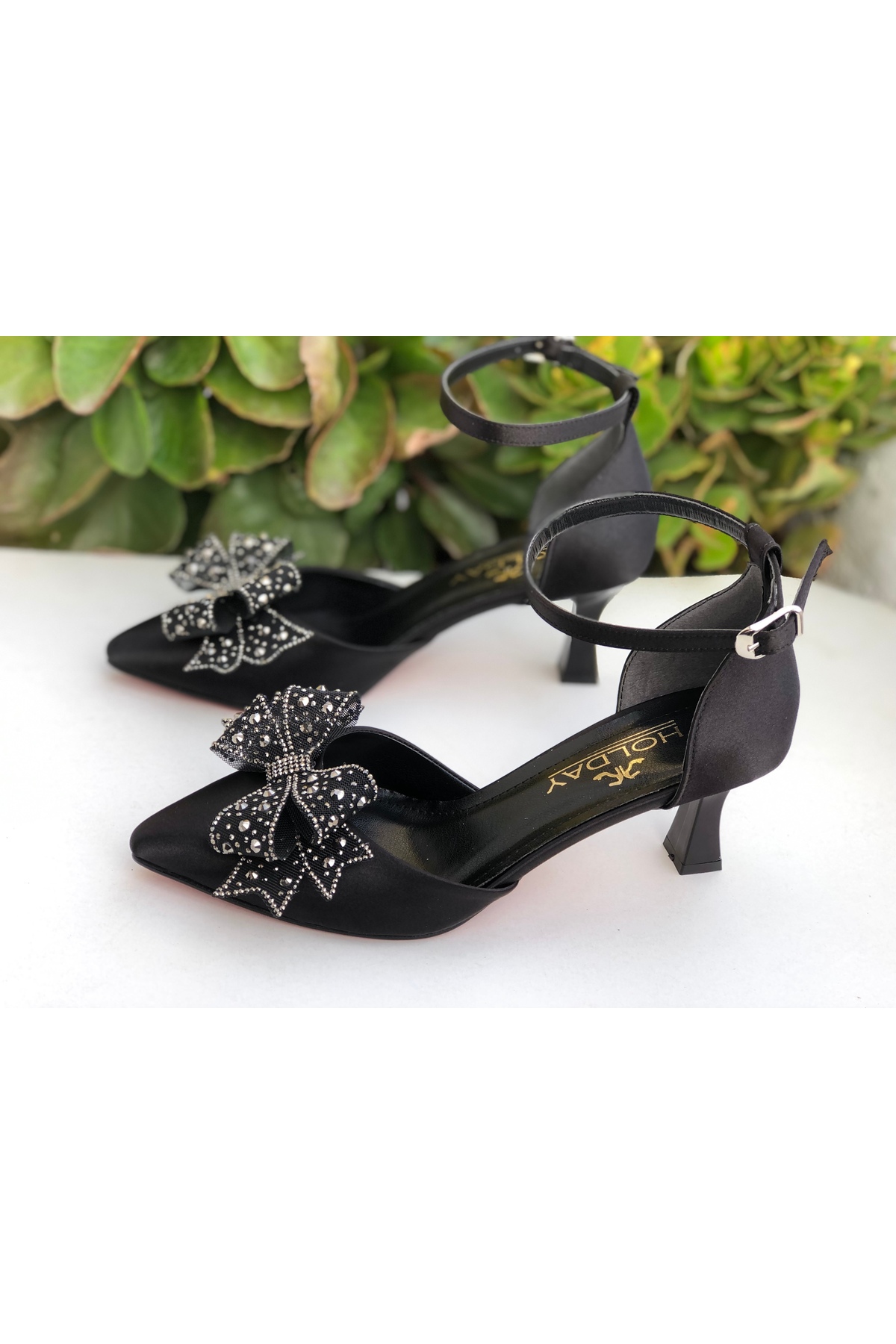Holdays  Kadın siyah saten fiyonklu abiye ayakkabı 6 cm topuk - Görsel 3