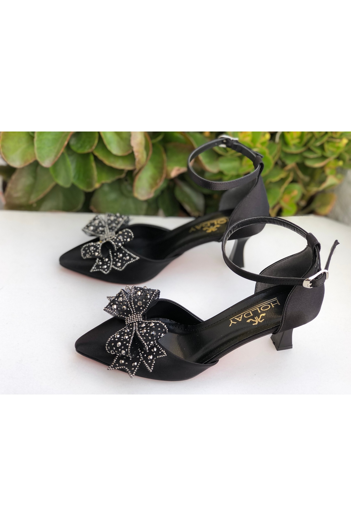 Holdays  Kadın siyah saten fiyonklu abiye ayakkabı 6 cm topuk - Görsel 2