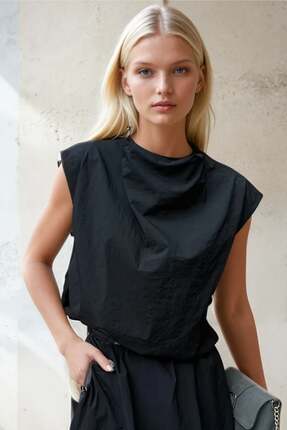 All About Her Siyah Paraşüt Kumaş Balon Bluz-L