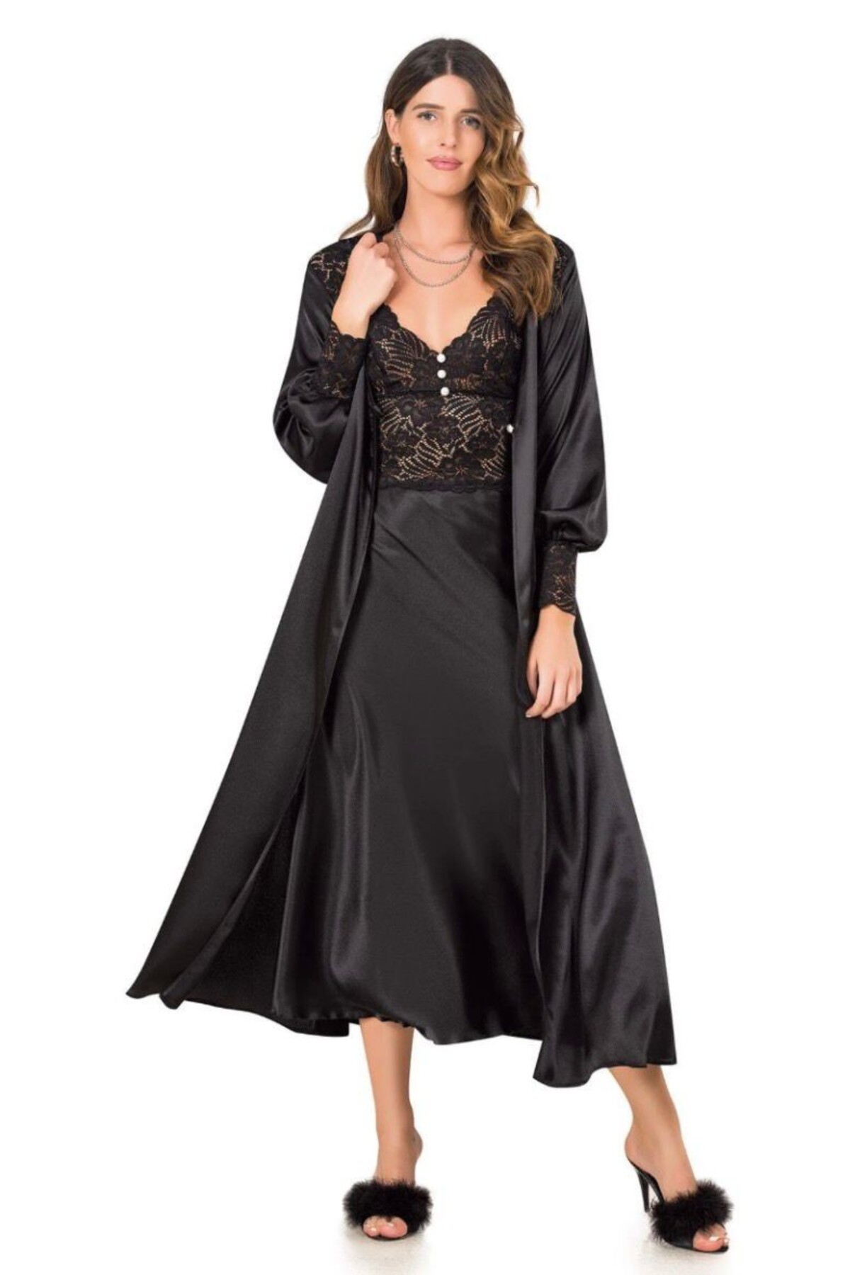 Black Rose Night Uzun İkili Saten Gecelik Takımı