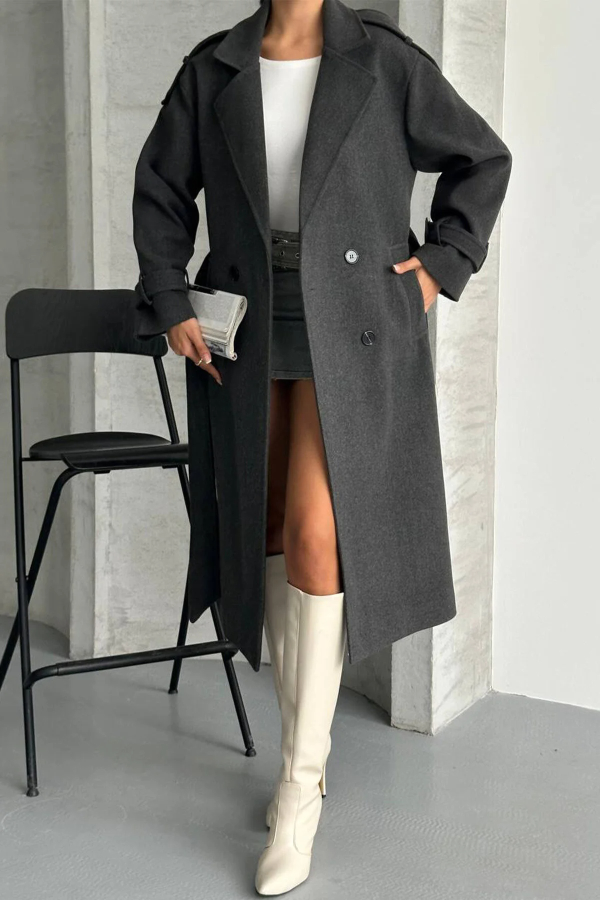 Modayıldızlar  MORENA PREMİUM KADIN APOLETLİ ASTARLI KAŞE KABAN ANTRASİT - Görsel 2