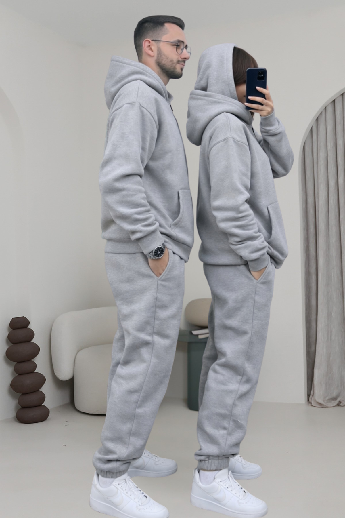 Çiftlere Özel Basic Oversize Kapşonlu Eşofman Takımı — خاکستری hrtkbrn1 — تصویر 2 از 3