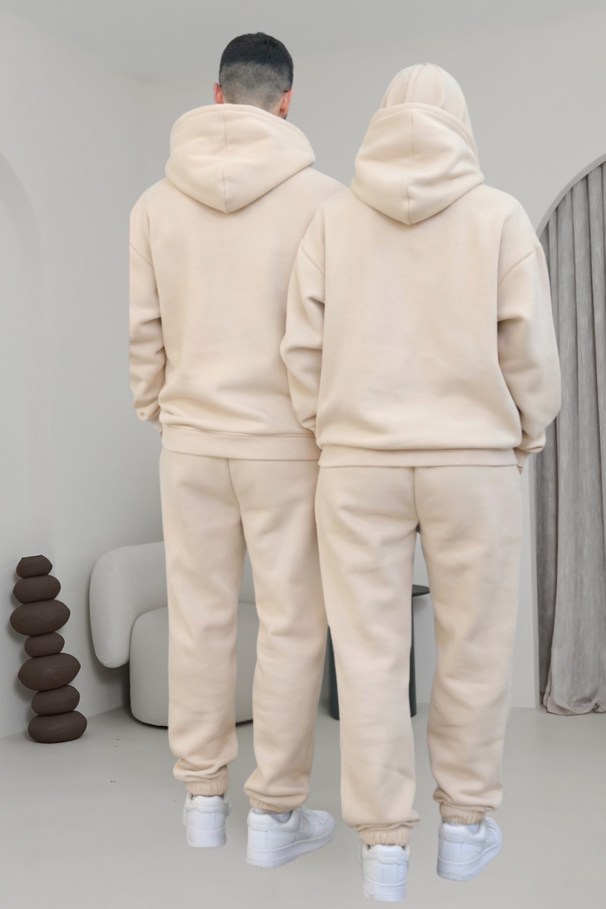 Çiftlere Özel Basic Oversize Kapşonlu Eşofman Takımı — بژ hrtkbrn1 — تصویر 4 از 4