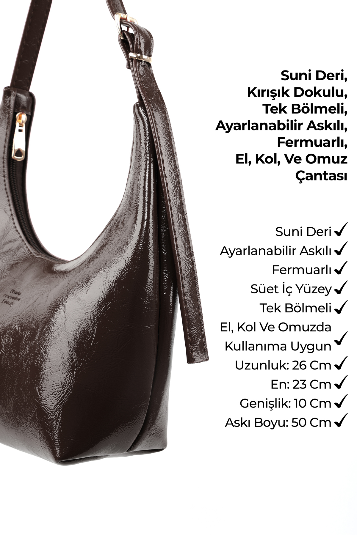 SHAKA Kırışık Dokulu Kahverengi SHK279 Fermuarlı,Tek Bölmeli,Kırışık Dokulu El,Kol ve Omuz Çantası görsel 7